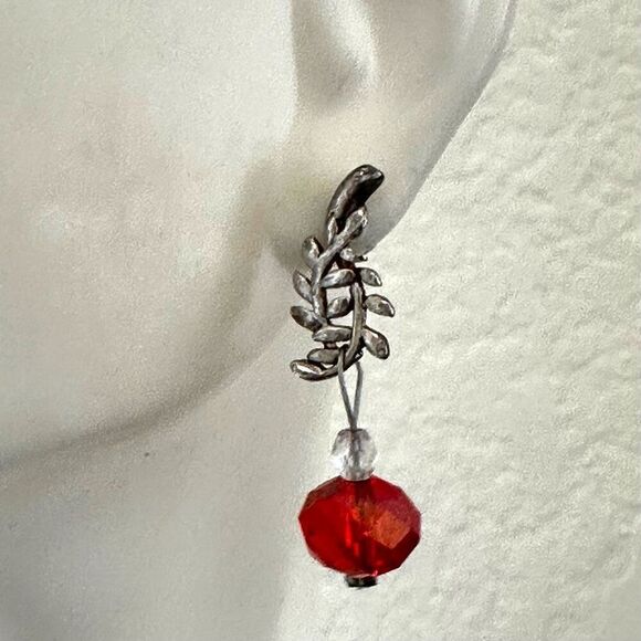 Silver tone leaf red crystal drop earrings - Picture 6 of 11